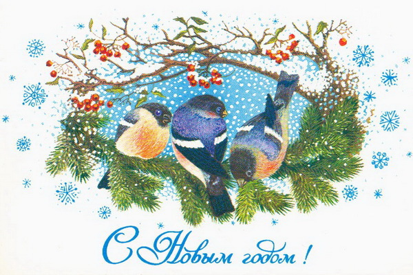Снегири на новогодних открытках СССР