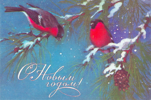 Снегири на новогодних открытках СССР