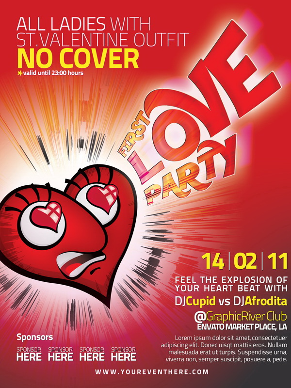 Красный цвет дизайна плаката First Love Party Free PSD