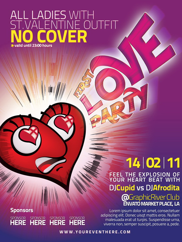 Постер в фиолетовой цветовой гамме First Love Party Free PSD