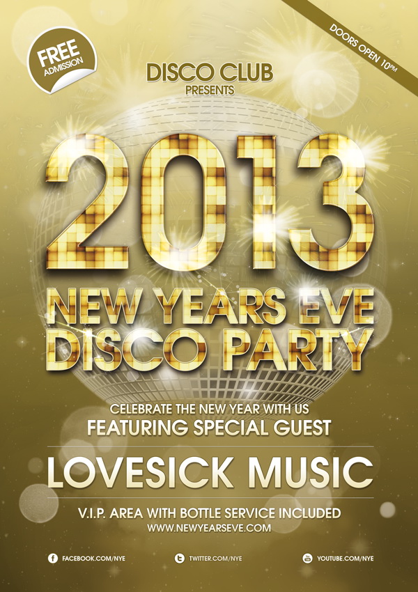 Афиша New Year золотой цвет Disco Party постера Free PSD