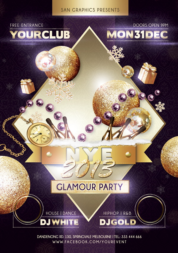 Фиолетовый новогодний плакат Glamour Party Free PSD
