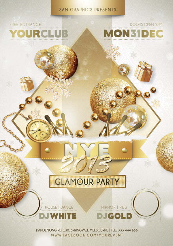 Золотой новогодний плакат Glamour Party Free PSD