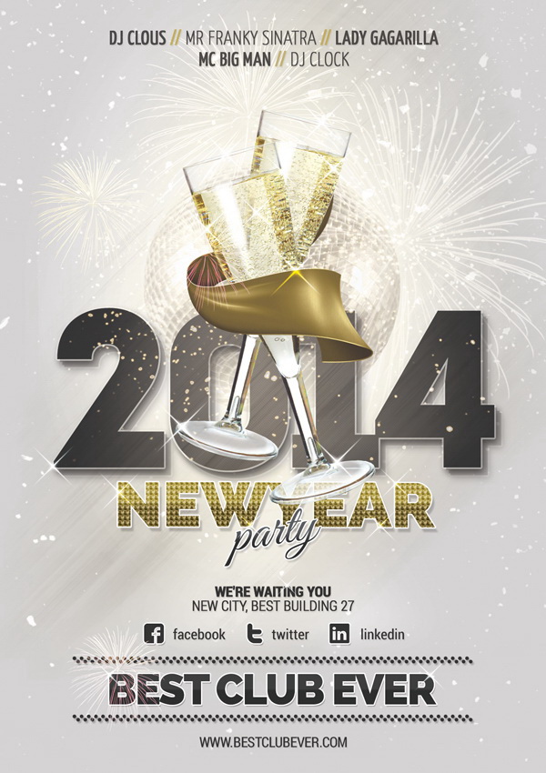 Серебристый постер Новый год с шампанским Free PSD