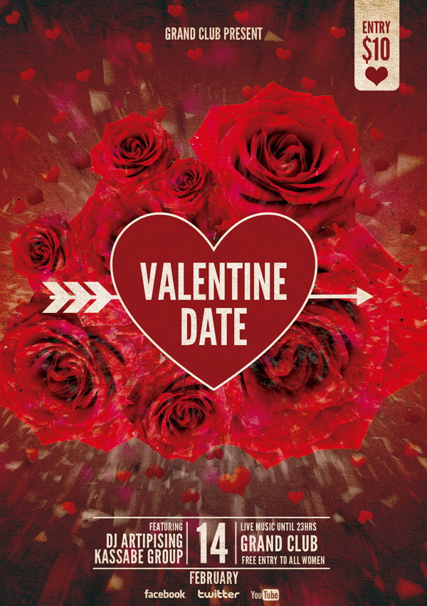 Красные розы на постере Valentine Date Free PSD