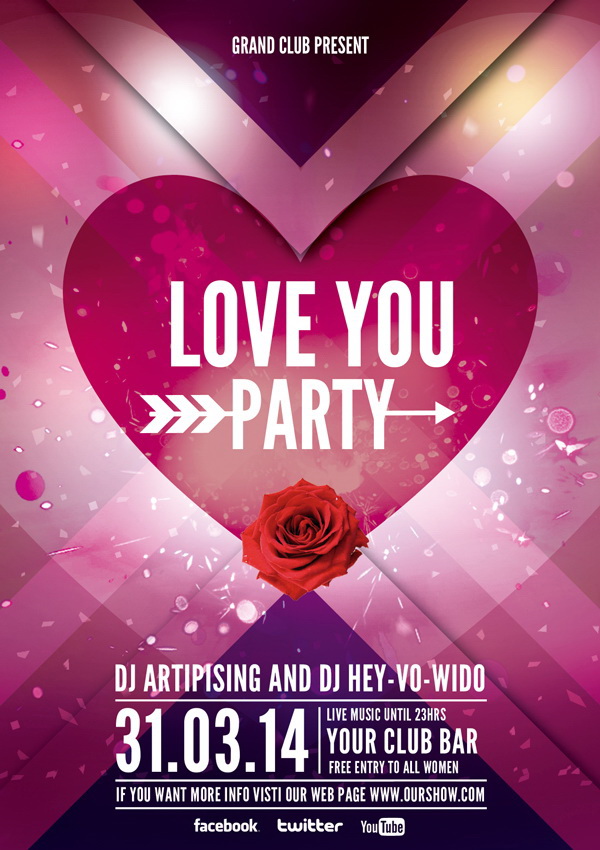 Самый красивый плакат Love You Party Free PSD