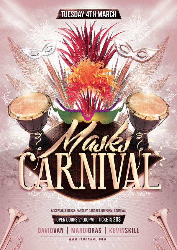 Рекламный плакат с карнавальными масками Free PSD