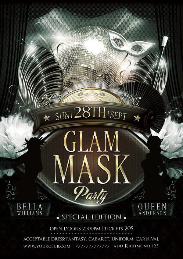 Серебристый и чёрные цвета Glam Mask Party Free PSD