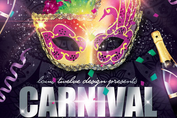 Яркий плакат для карнавала с красивой маской и шампанским Free PSD скачать ПСД