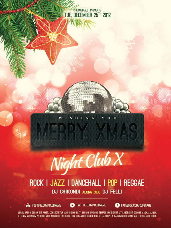 Merry X-mas Night Club красный и зелёный плакат Free PSD
