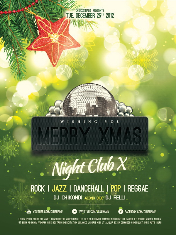 Merry X-mas Night Club красный и зелёный плакат Free PSD