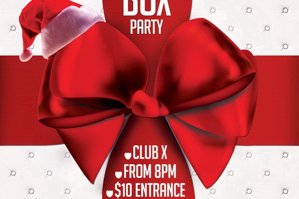 Рекламный плакат с красным бантом X-Mas Box Party Free PSD скачать ПСД