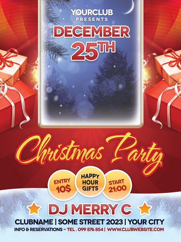 Красный плакат вечеринки 25 декабря Free PSD