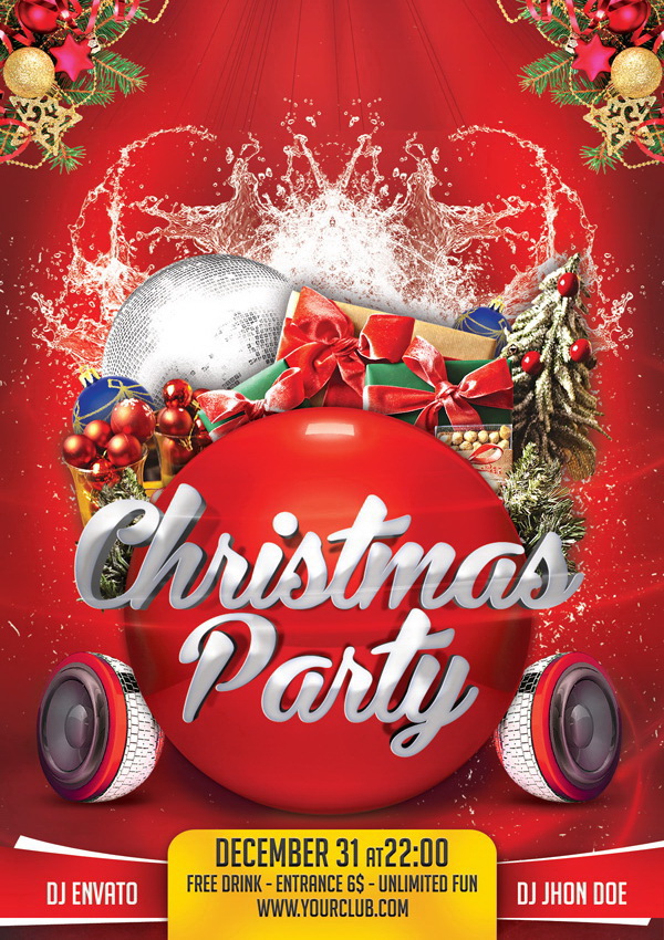 Красный промо-плакат Christmas Party Free PSD