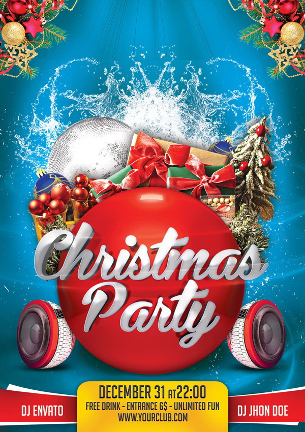 Красный промо-плакат Christmas Party Free PSD