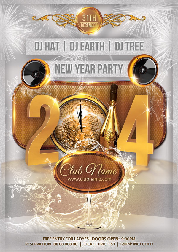 Золотой плакат New Year Party часы и шампанское Free PSD