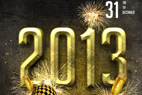 Рекламный постер New Year с фейерверком золотых огней Free PSD скачать ПСД