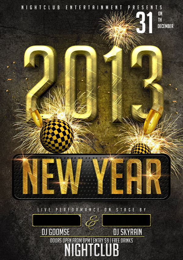 Рекламный постер New Year с фейерверком золотых огней Free PSD