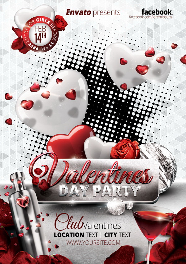 Valentines Day Party красно-серебристый плакат Free PSD