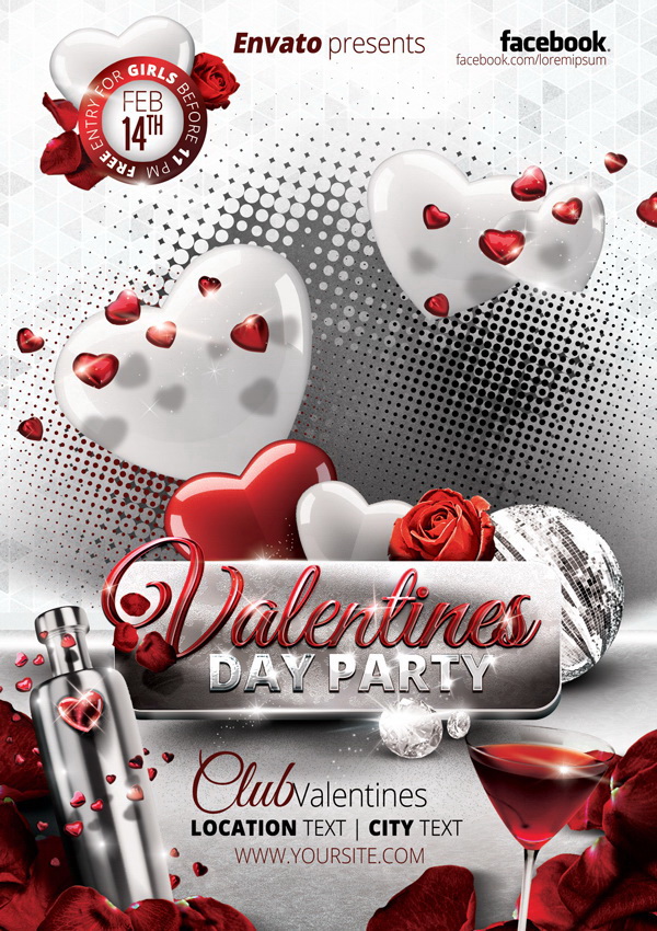 Valentines Day Party красно-серебристый плакат Free PSD