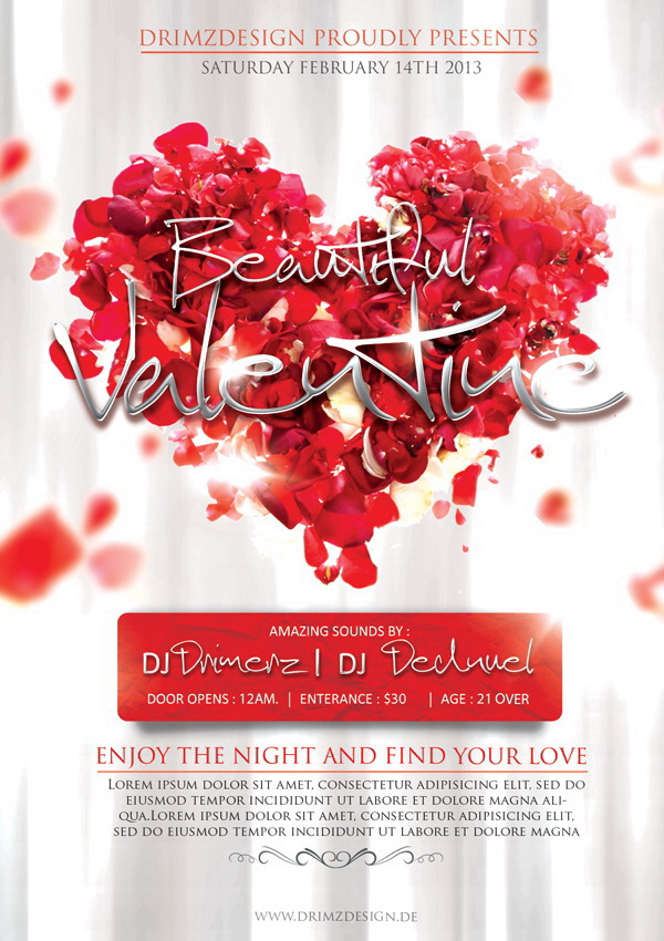 Beautiful Valentine дизайн праздничной афиши Free PSD