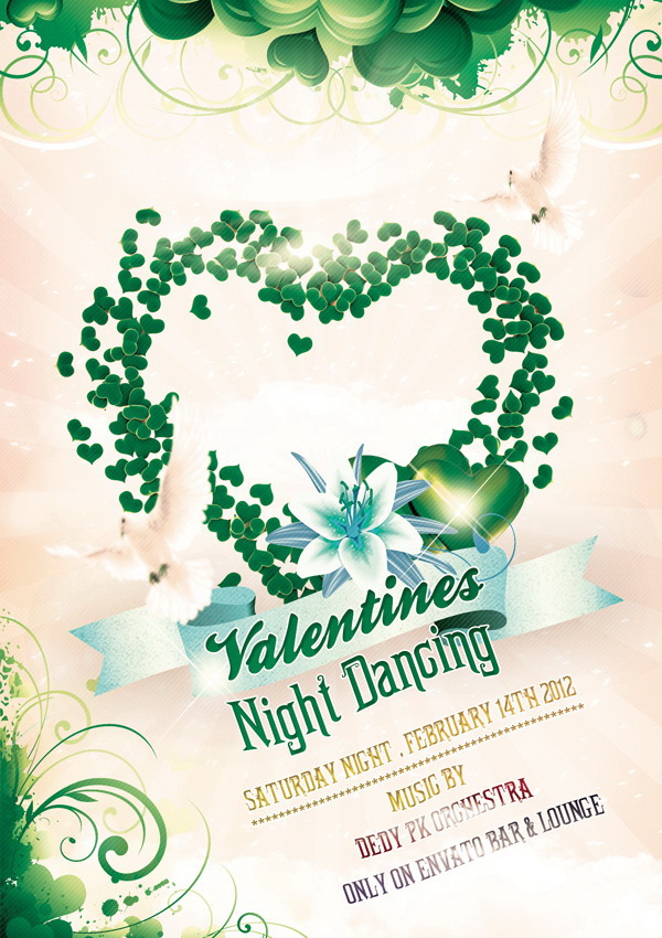 Valentines Night Dancing дизайн афиши с голубями и сердечками Free PSD