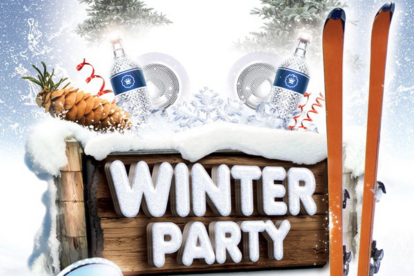 Макет постера Winter Party с лыжами и снежинками Free PSD скачать ПСД