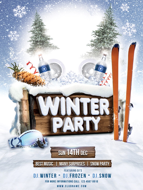 Макет постера Winter Party с лыжами и снежинками Free PSD
