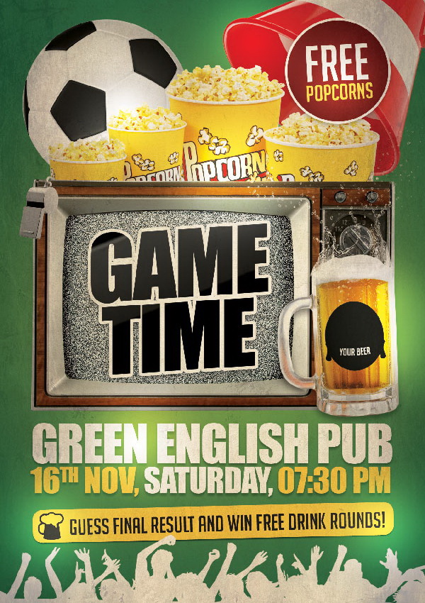 Game Time зелёный дизайн плаката с попкорном Free PSD