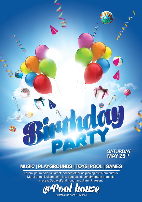 Плакат Birthday Party в ярких цветах Free PSD